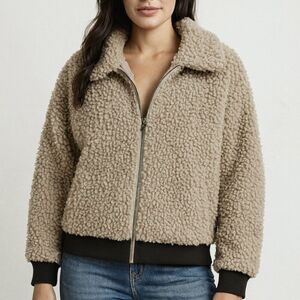 Fame Teddy Sherpa Jacket Womens Medium Beige Faux Shearling Zip Coat